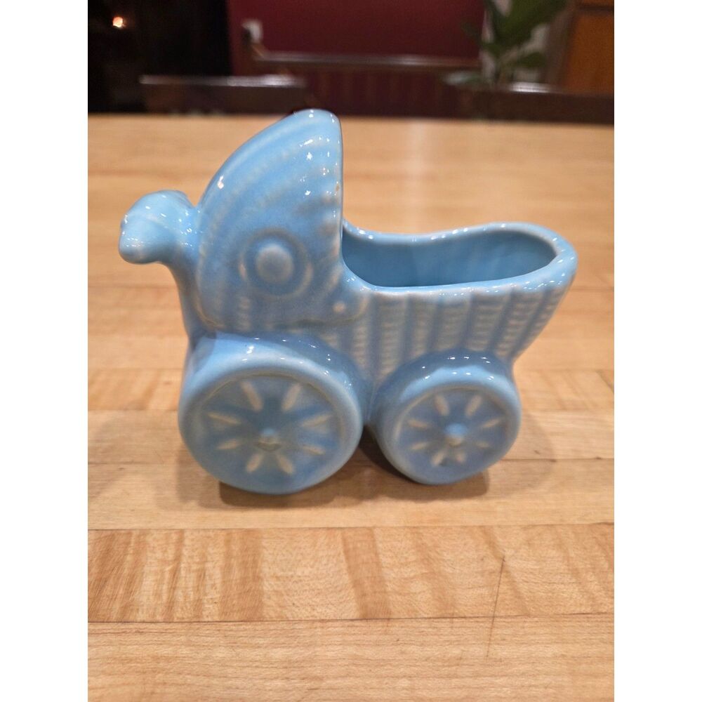 Vintage Haeger Pottery Blue Ceramic Baby Carriage Stroller Planter Buggy USA